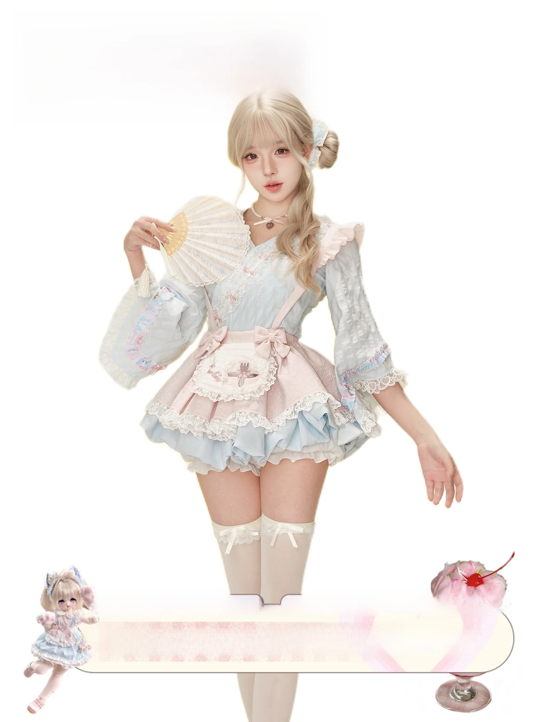 

Летний комплект с синими цветами вишни и сахарным покрытием, с бантами и шароварами, женский модный ансамбль, розово-синяя юбка с цветочным узором