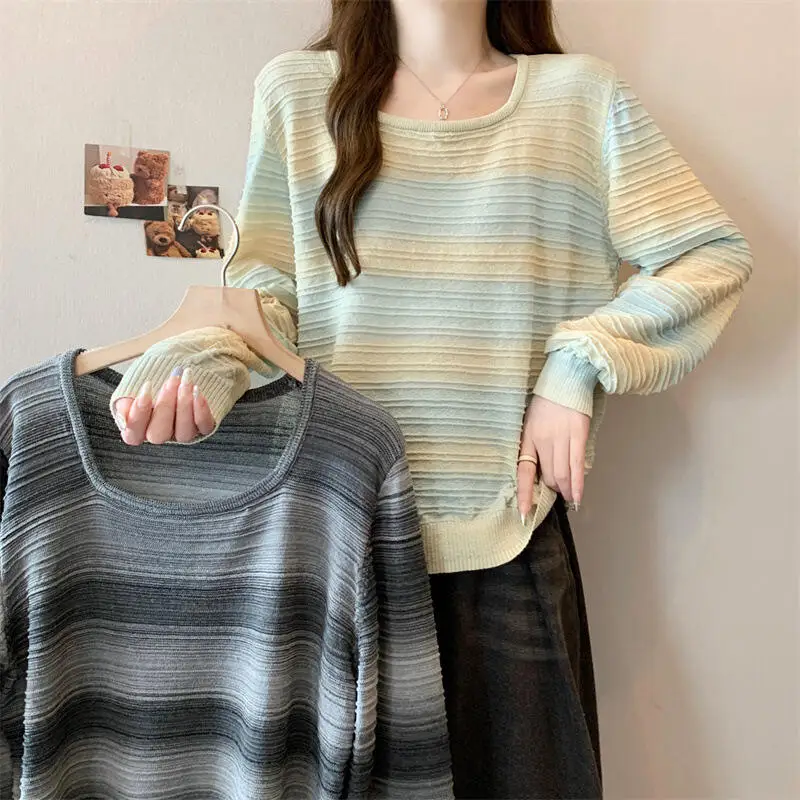 

Осень-зима, новый женский вязаный свитер больших размеров с квадратным вырезом в контрастную полоску, футболка, милый милый свитер с длинными рукавами, топы