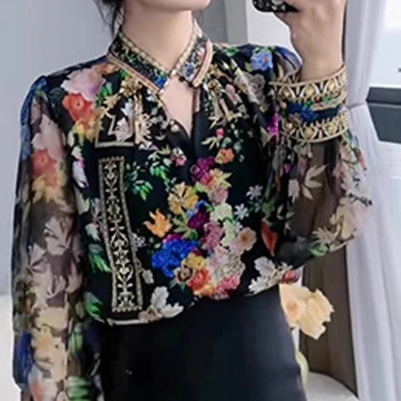 2024 Spring and Autumn Retro Ethnic Style Fashion Versatile Blouses Long Sleeve Printed Embroidery Splicing Women\'s Shirt Top