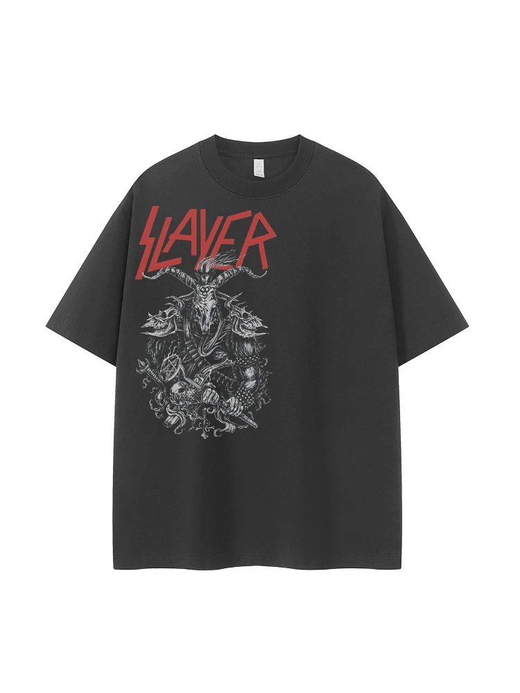 Retro American Streetwear Slayer Band Vintage Loose Fit Cotton round Neck Short Sleeve T-Shirt Black Grey Casual Urban Style
