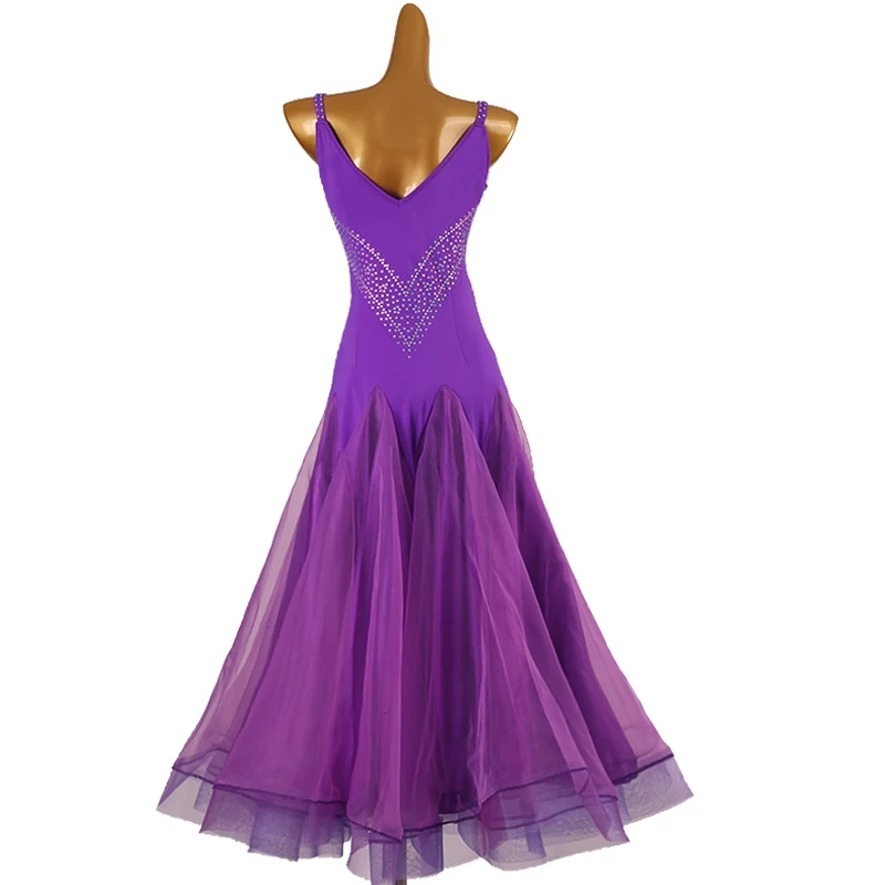 Vestido de competición de baile de salón para mujer, traje Sexy púrpura con diamantes de imitación, ropa de actuación de baile moderno, Vals, Chacha, DQL9091, 2024