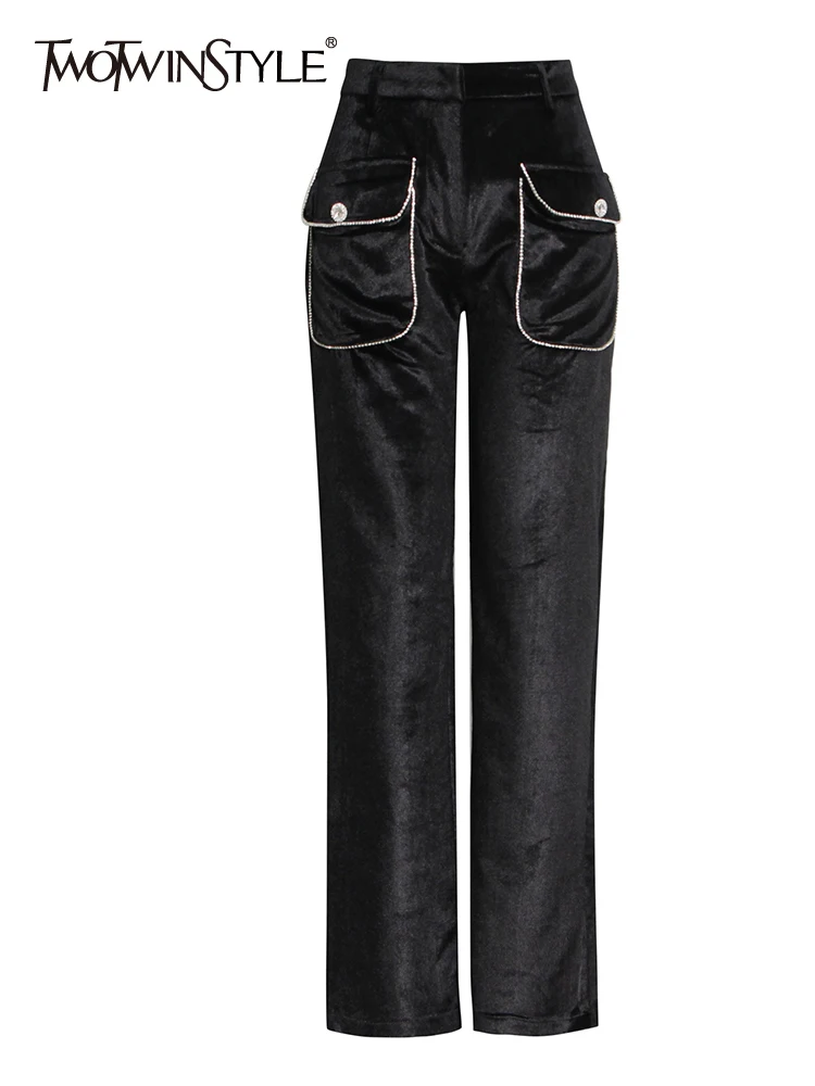 

TWOTWINSTYLE Solid Spliced Pockets Chic Trousers For Women High Waist Patchwork Diamonds Minimalist Casual Pant Female Fashion
