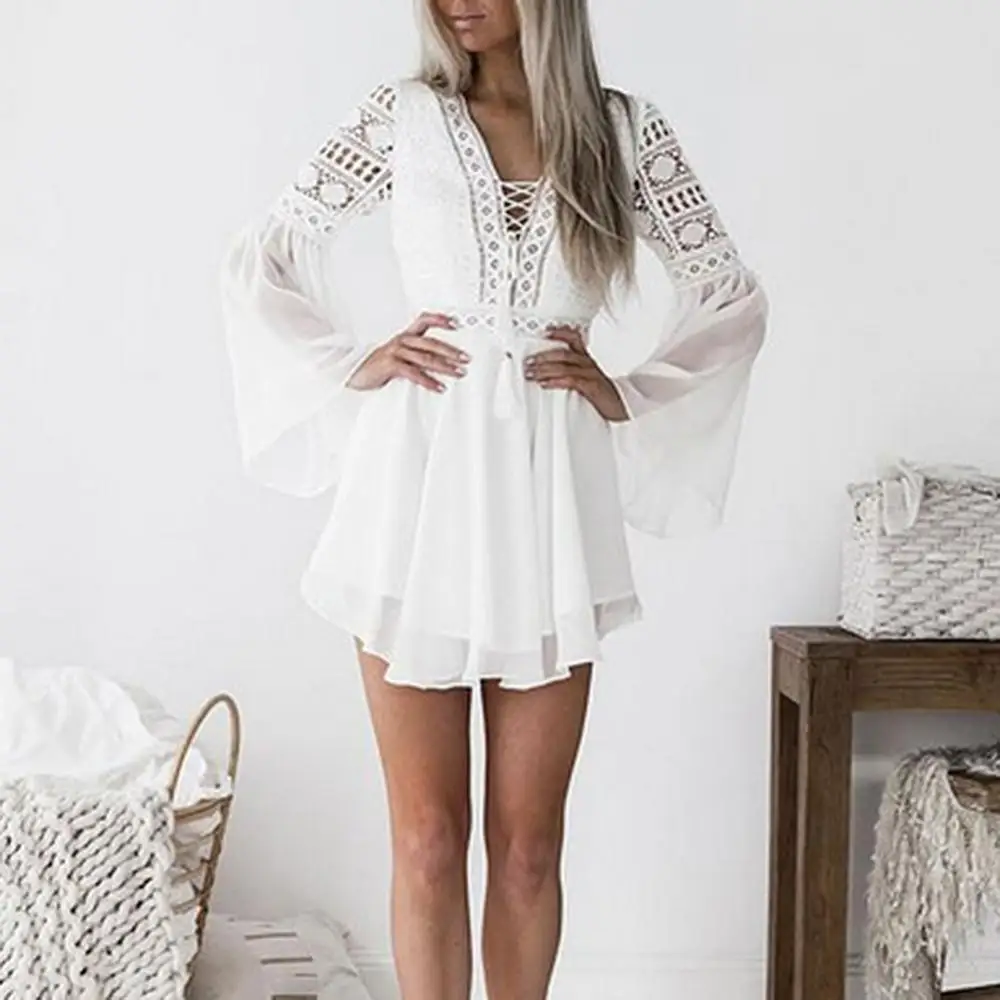 

Sexy V Neck Women's Spring Summer Dress Long Flared Sleeve Mini Dress Crochet Hollow out Sexy Chiffon Bandage Mini Dress 2020