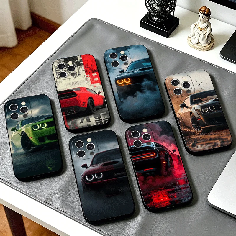 Чехол для телефона Cool Car C-Challenger S-SRT для iPhone 11 12 13 Mini 14 15 Plus 16 17 Pro Max 17E 16E XS 7 8 Air SE, черный, мягкий