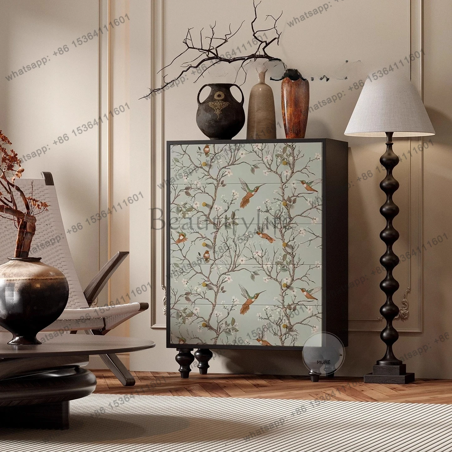 French medieval flower and bird solid wood chest, living room against the wall multi-functional locker, drawer cabinet, painted