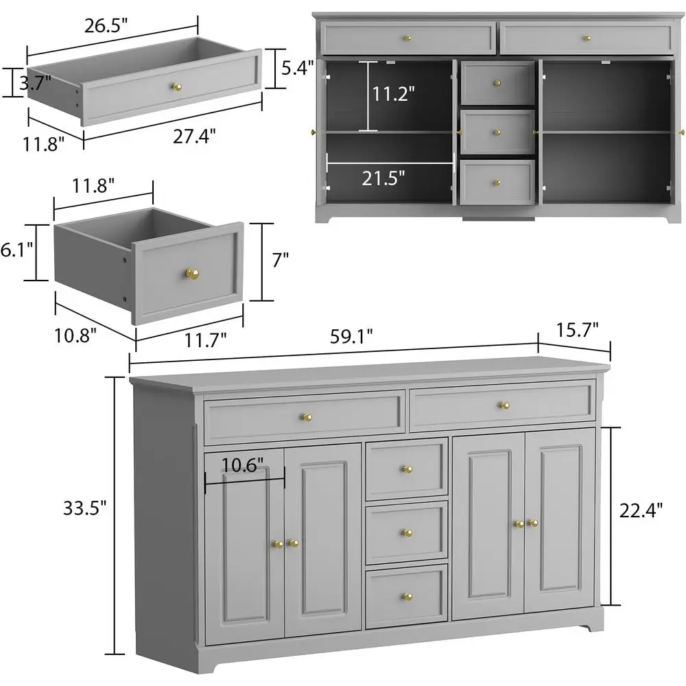 Grey Kitchen Sideboard with 5 Drawers & 4 Doors, Dining Room Storage Cabinet for Bar & Wine