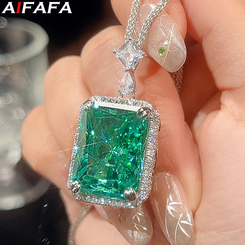 Radiant Cut Rectangle Pendant Necklace Sparkle 15*20mm Synthetic Paraiba Green Stone with 55cm Chain Fashion Jewelry Accessories