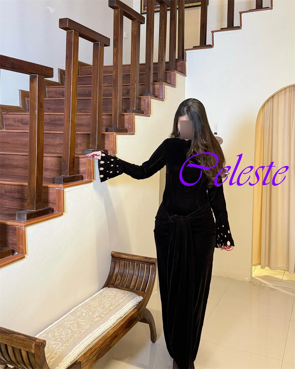 Customized Elegant Boat Neck Velour Evening Dress Classic Long Sleeves Prom Dresses Luxury Sequined Special Occasion Gowns