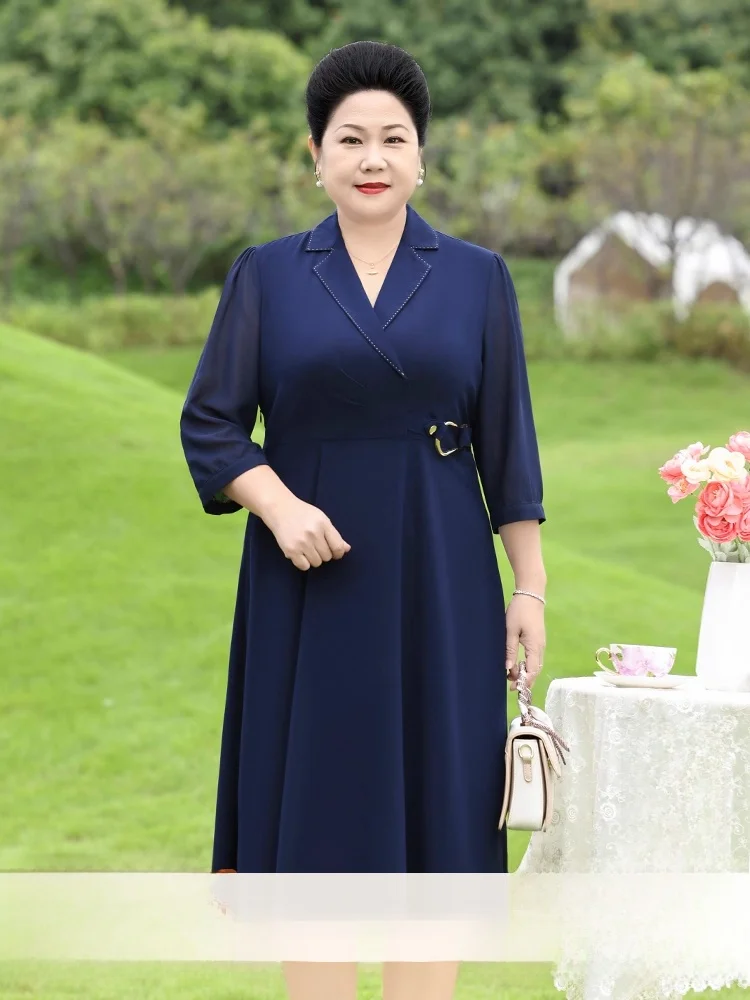 Faionable jovem mãe dr el midlife roupas femininas verão emagrecimento plus size midi dr fibra de poliéster casual wear