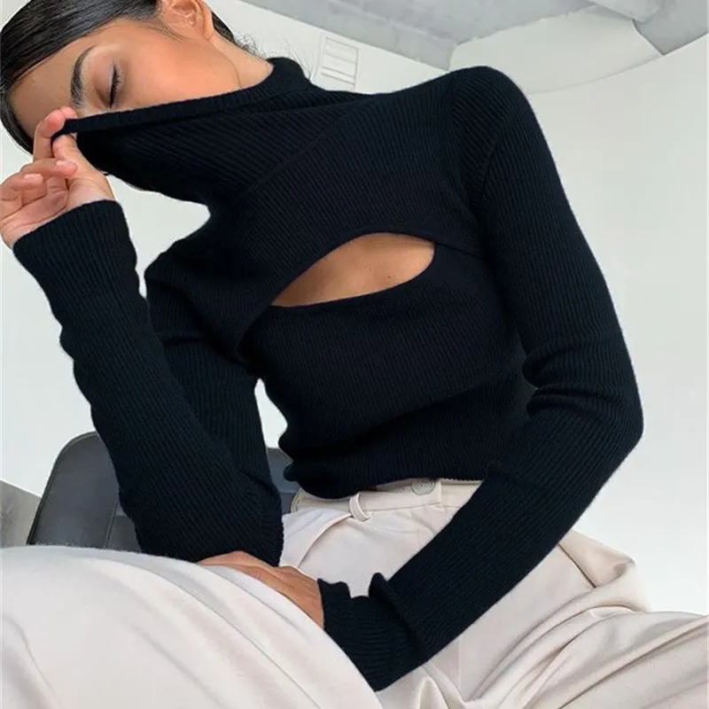 Black T Shirts Knitted Long Sleeve Crop Top Streetwear Y2k Clothes Spring Autumn Solid Sexy Black T Shirt Hollow Out Purple Tees