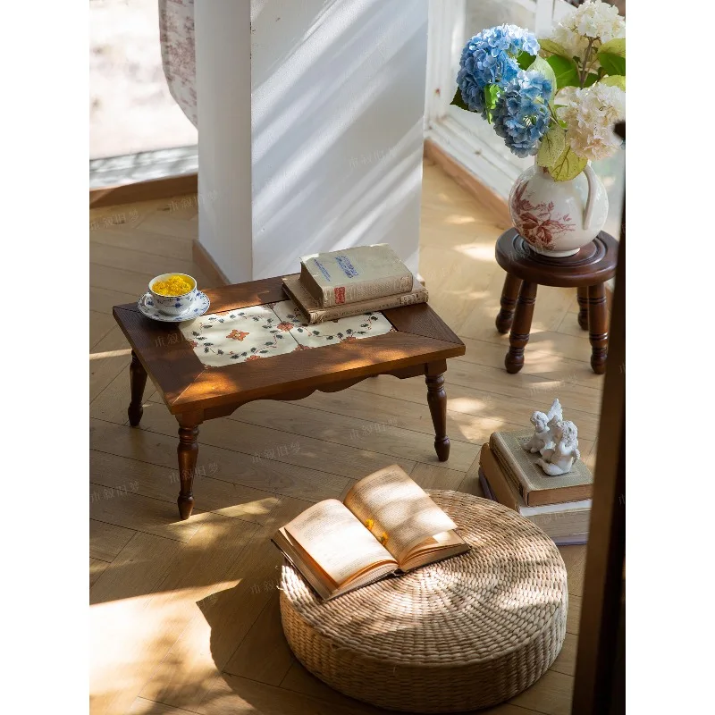 Wind solid wood small tea table bay window storage table tatami low table balcony home Chinese retro homestay