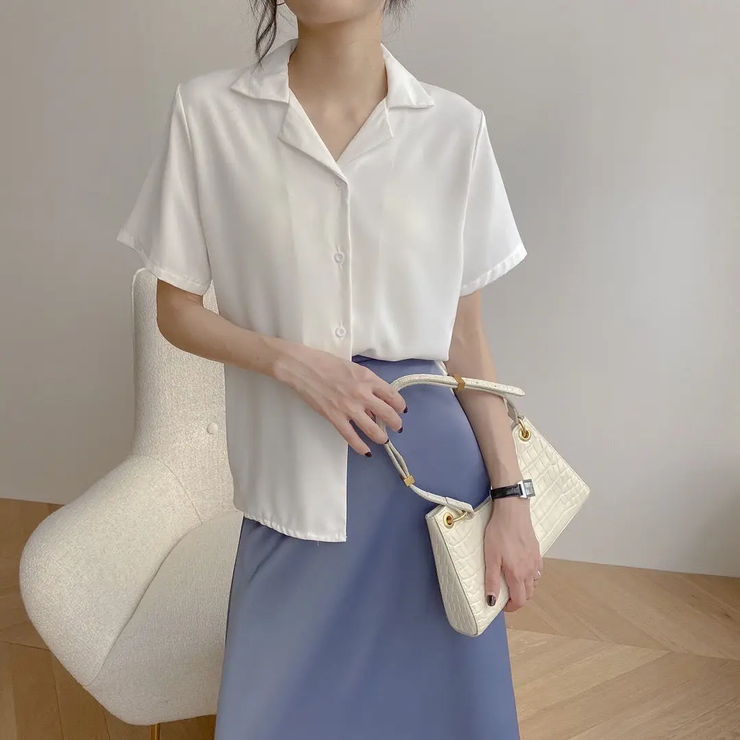 Women Summer Chiffon Blouse Elegant Short Sleeve V Neck Loose Shirt Casual Solid Korean Chic Simple Tops Female Tunic Blusas