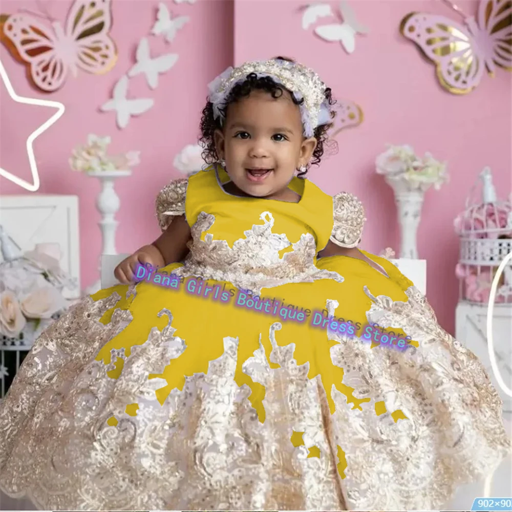 Vestido personalizado de flores para niñas pequeñas, vestidos de novia con estampado dorado, vestidos de fiesta para niños, Vestidos de Noche de cumpleaños para niñas