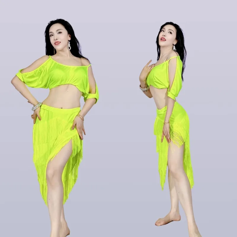 Trajes de dança do ventre swegal personalizados inspirados fluorescentes borla saia conjunto superior roupas de dança oriental terno latino vestido
