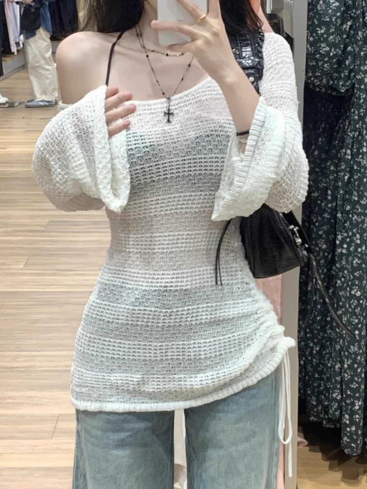 White Thin Hollow-out Outdoor Sun Protection Cover up Women Summer Loose Stacked Bell Sleeve Ice Silk off-Shoulder Knitted Top