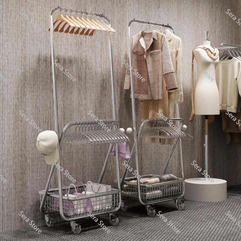Display rack Movable with wheels Shelf Floor-to-ceiling coat rack with basket Photo in live stream Women's clothing hanger