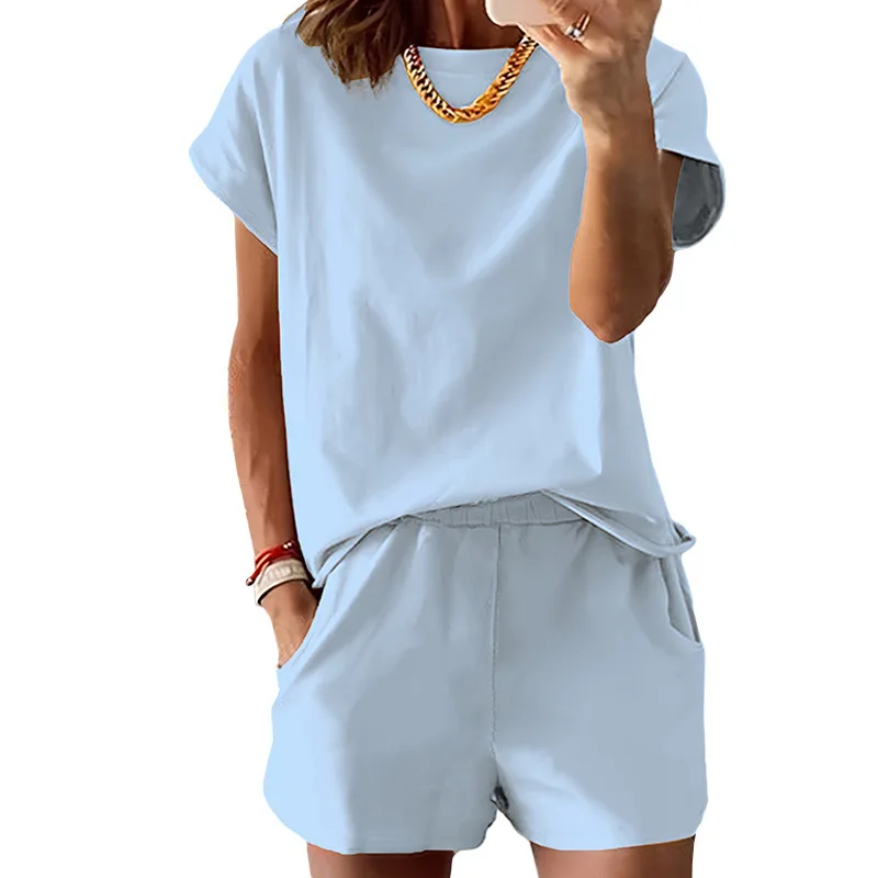 Women's Summer Short Sleeve Shorts Set Round Neck Casual