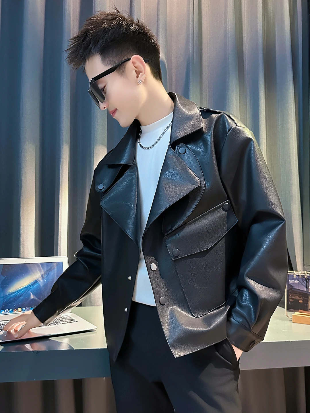 

Casual Biker ort Leather Jaet Men's Spring Autumn Trendy Brand Haome Tailored Collar Motorcycle Jaet Polyester Fiber