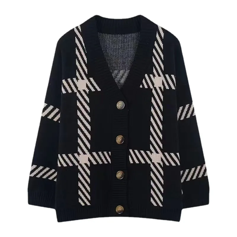 Black Striped Knitted Cardigan Women's 2024 Autumn New Korean Style Loose Lazy Style Simple All-match Sweater Jacket