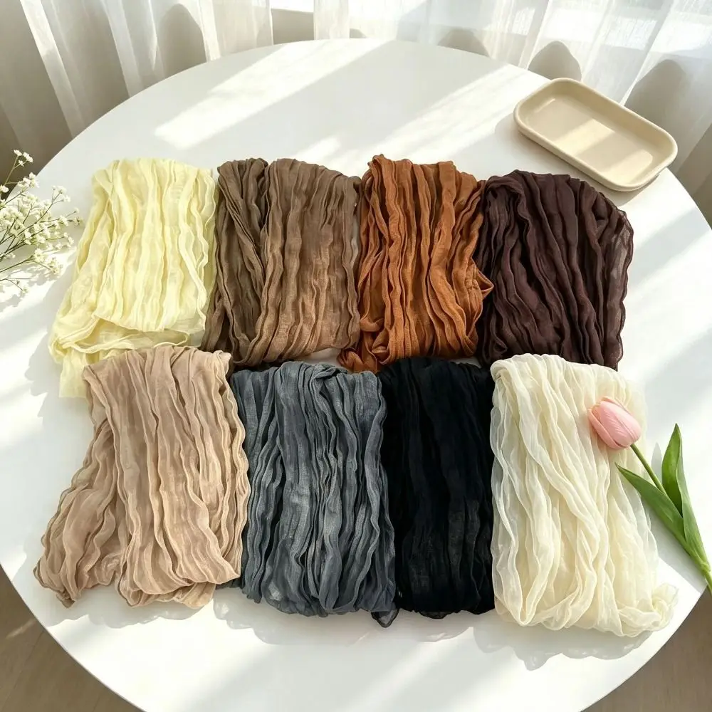180*20cm Pleated Scarf Soft Long Length Cotton Linen Imitation Scarf Lightweight Retro Thermal Silk Scarf