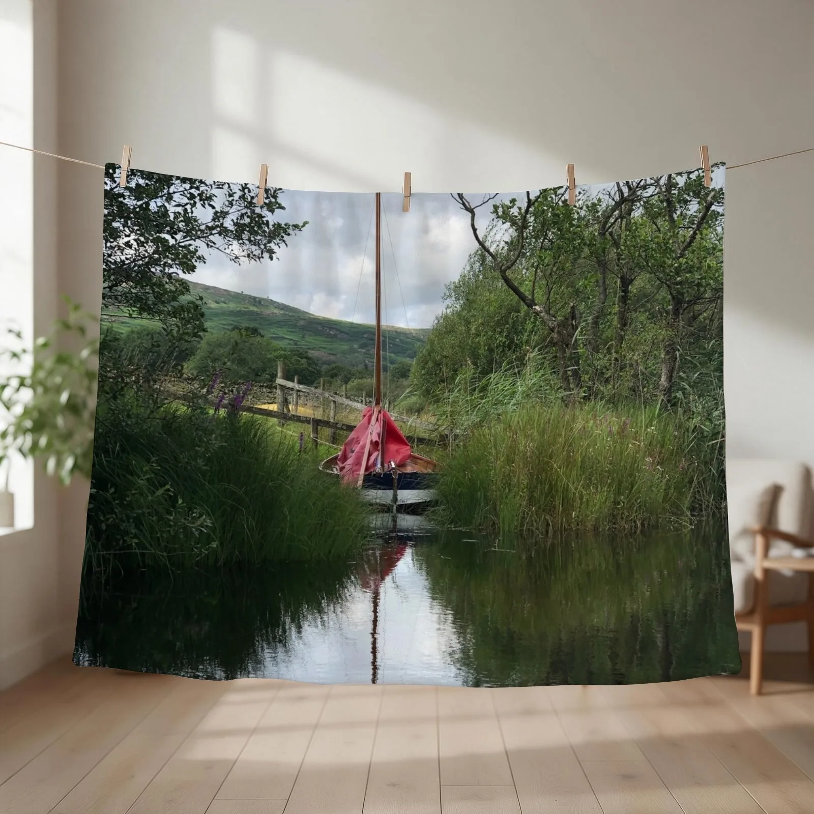 Mirror Dinghy in the lake with a reflection Throw Blanket Soft Beds Luxury Designers Sofas Blankets