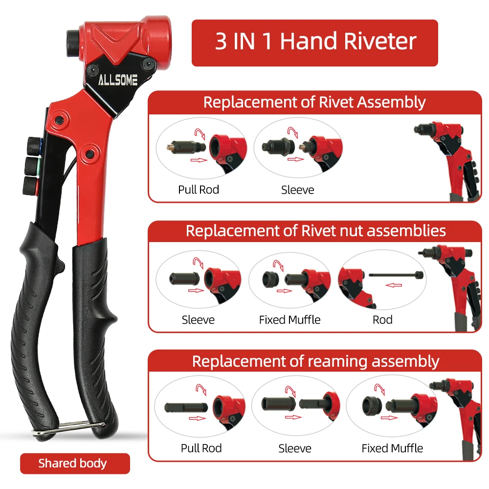 Imagem -02 - Allsome Único Universal em Multi Função Arma de Rebite com Porca Rebite Rebite de Mão Ferramenta Reamer