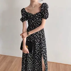 French Style Square Collar Floral Print Dress Women Puff Sleeve High Waiste A-line Ladies Sweet Daily Dating Long Vestidos