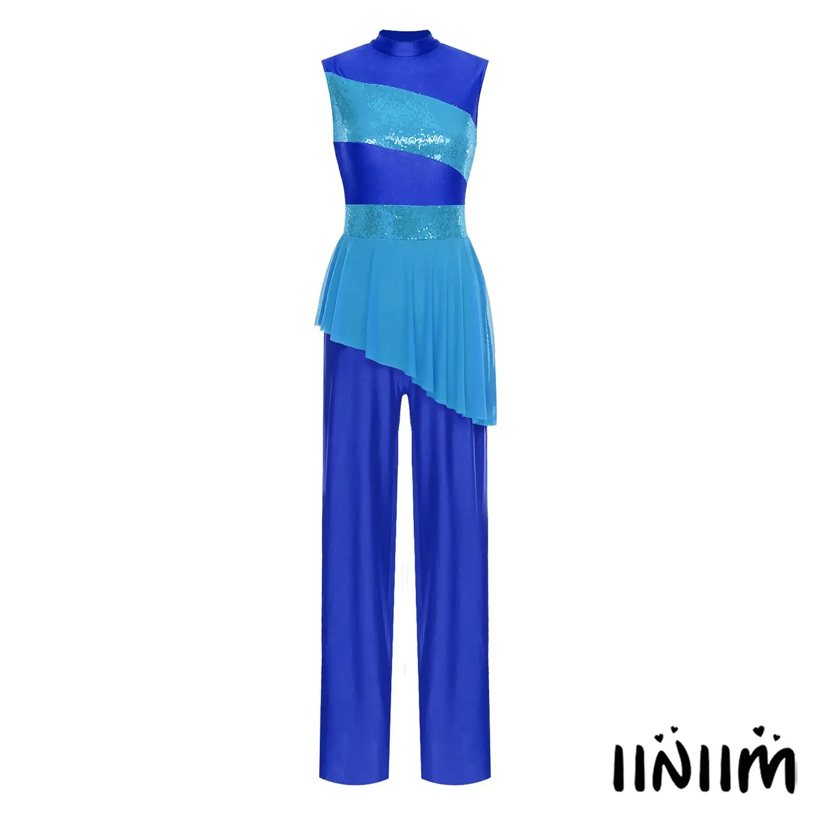 

Women Lyric Dance Jumpsuit Mock Neck Sleeveless Sequined Asymmetric Mesh Overlay One-Piece Back Zipper for Dance Performances