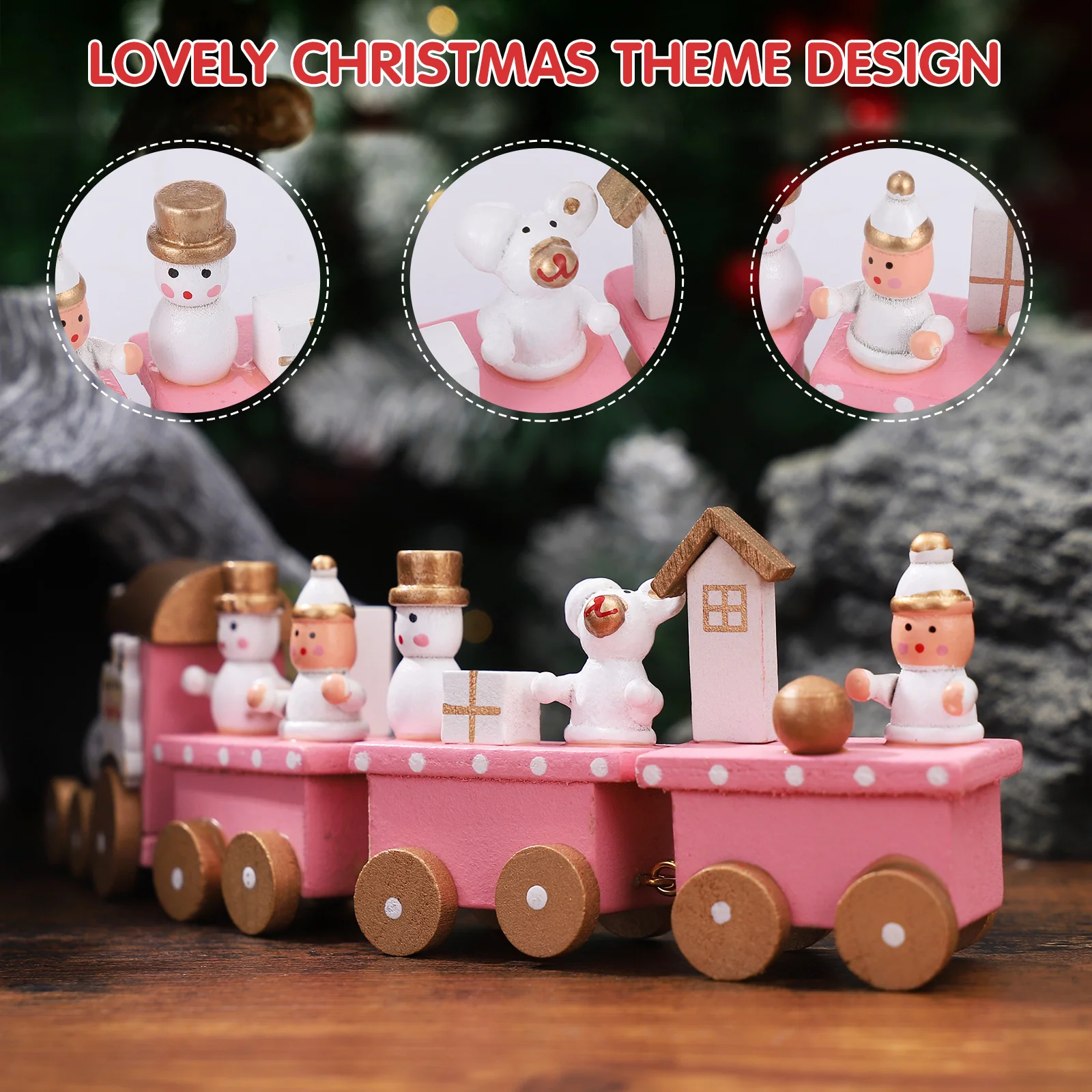 Wooden Train Small Christmas Toy Desktop Mini for Kids 4 Section Playing Four Ornaments