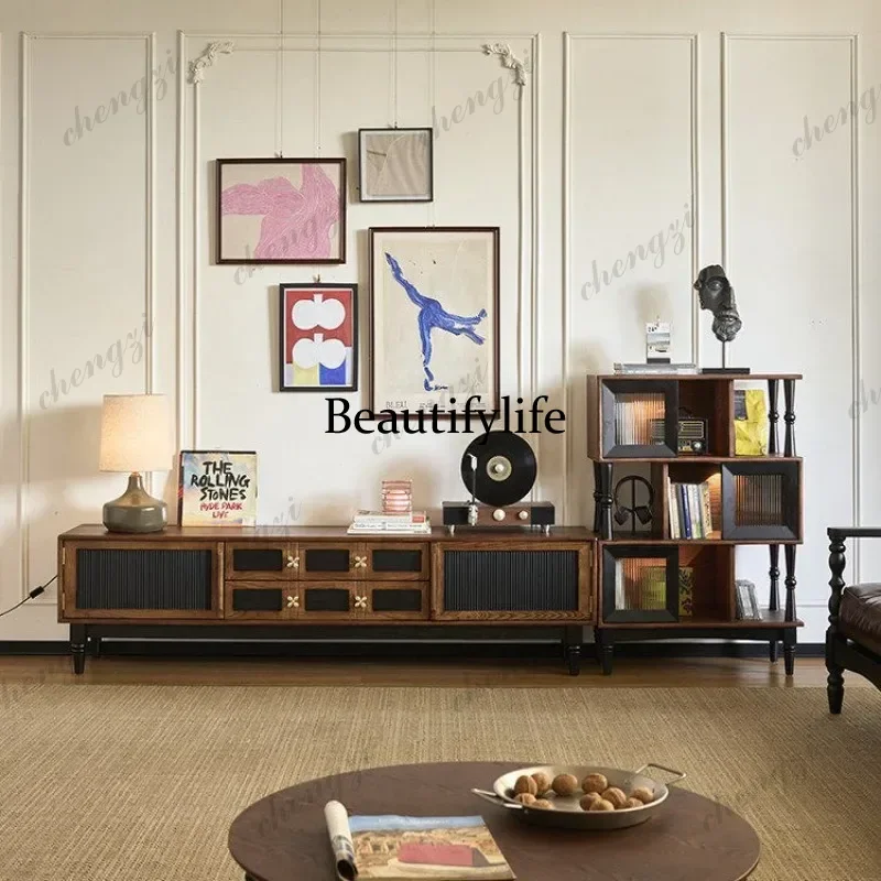 French retro solid wood TV cabinet modern simple small apartment medium and ancient style d178