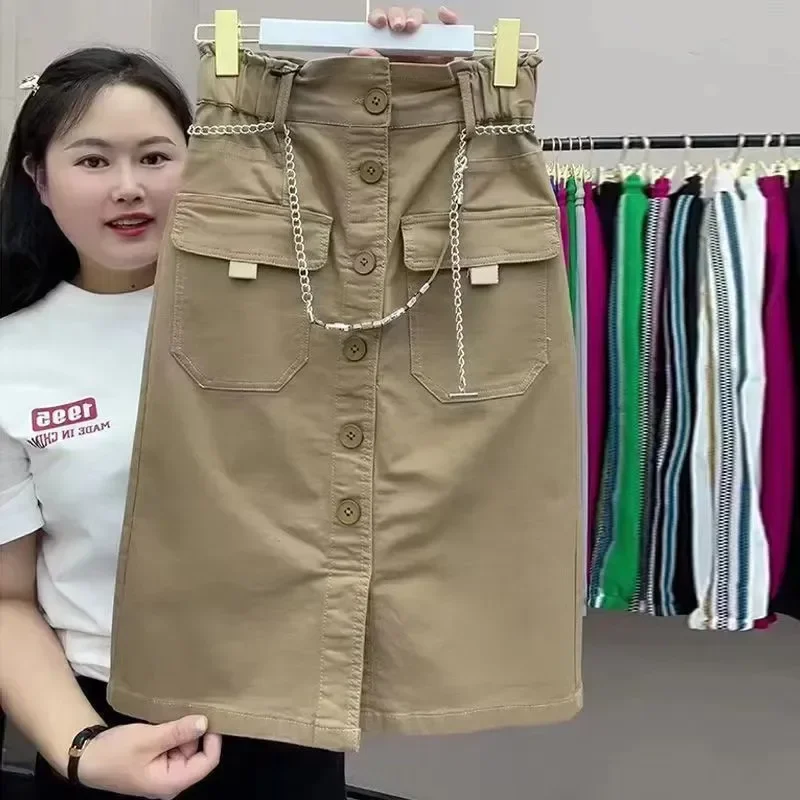 

Short Skirt Women's Spring Summer High Waist Hip Skirts Fashion Waistband Button Khaki Black Brown Pocket Skirt Female V1245