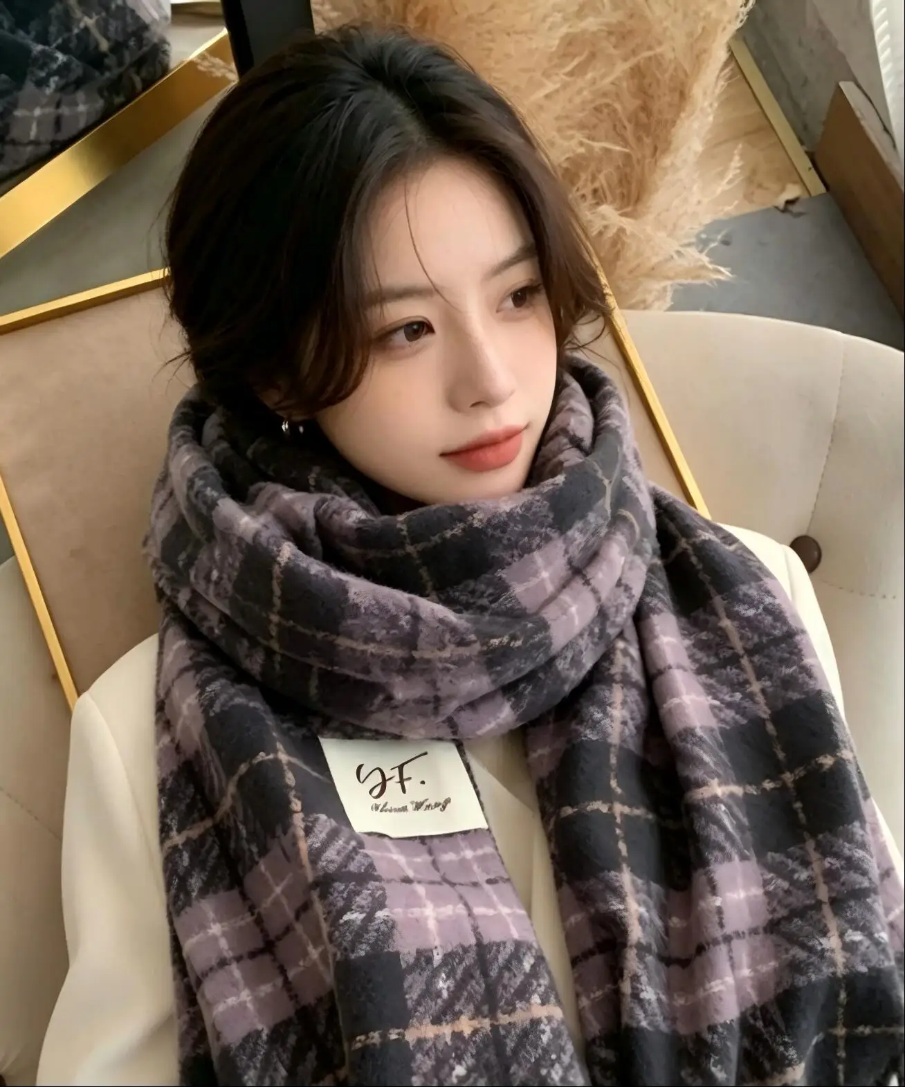 

Knitted Plaid Scarf for Women 2025 Winter New Korean Version Fashionable Versatile High-End Feel Tassel Warm Neck Warmer