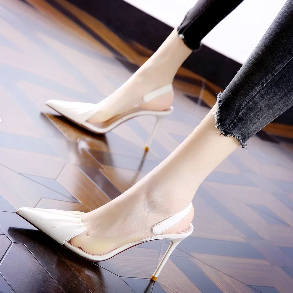 

Women's High-heeled Sandals Summer New PVC Thin Heeled Pointed High Heeled Baotou Back Empty Women's Fashion Sandals