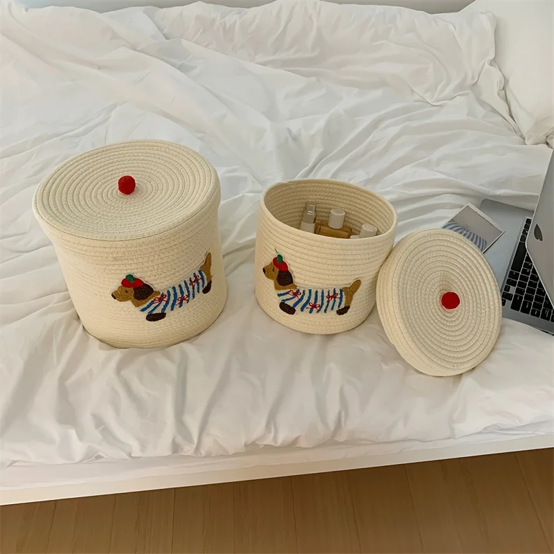 1pcs Cute Puppy Storage Basket Woven Cotton Rope Frame Large Capacity Dustproof Storage Bucket Desktop Dustproof Storage