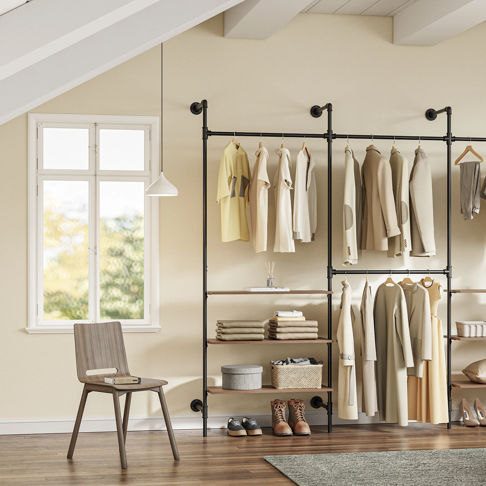 SoBuy KLS19-SCH Estante de pared para vestidos con 4 barras para vestidos + 4 estantes de MDF, armario abierto para vestidos, soporte para vestidos con capacidad de carga de 120 kg, 265x48x220 cm,