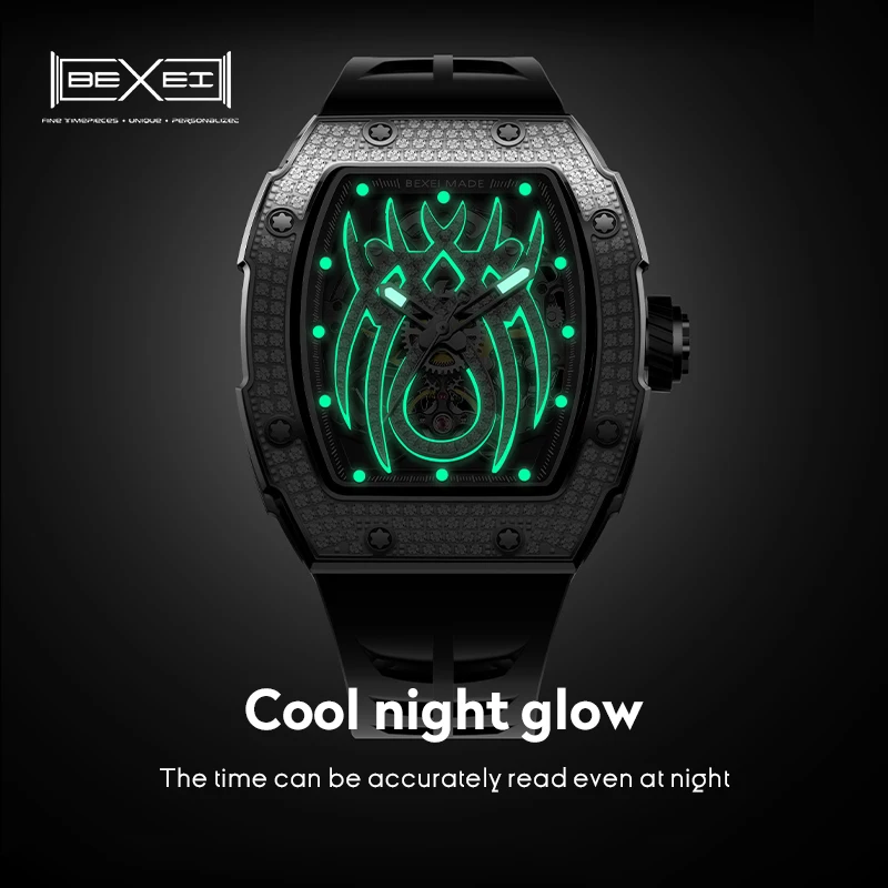 BEXEI New Men Automatic Mechanical Watches Diamond Bezel Men Watch Rubber Band Fashion Skeleton luminous Watches Sapphire Glass - Image 2