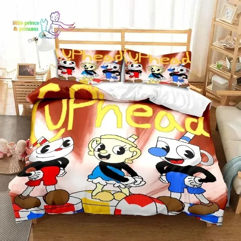 Cuphead and Mugman Game Gamer Bedding Set Single Twin Full Queen King Size Bed Set Adult Kid Bedroom Bedding Gift