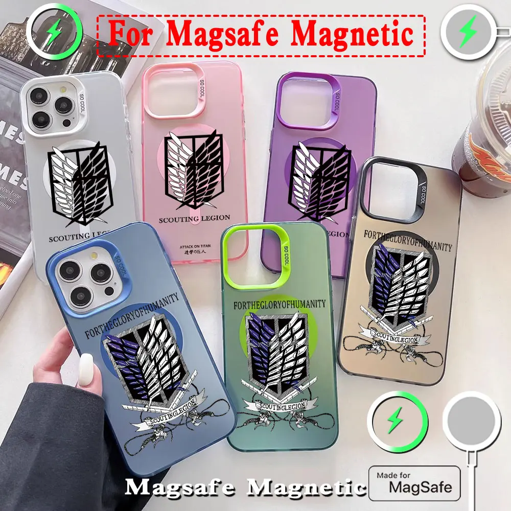 Anime Angriff auf Titan Magsafe magnetische Handy hülle für iPhone 11 12 13 14 15 16 Pro Max Plus Objektiv kreative Rand plattierte Abdeckung