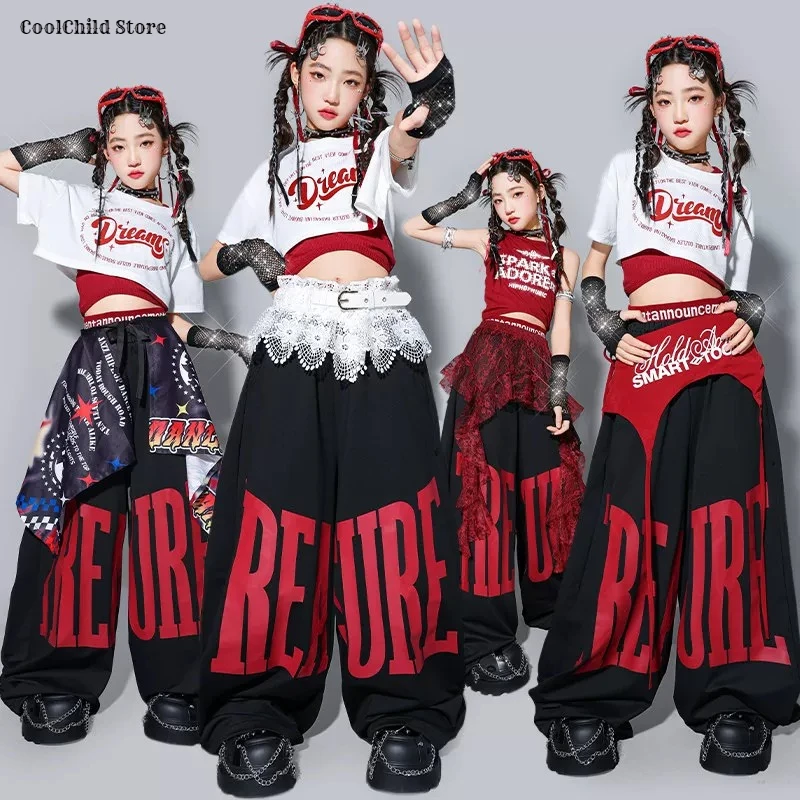 Girls Hip Hop Crop Top Loose Street Dance Letters Pants Children K-pop Streetwear Girl Group Clothes Set Kids Jazz Stage Costume