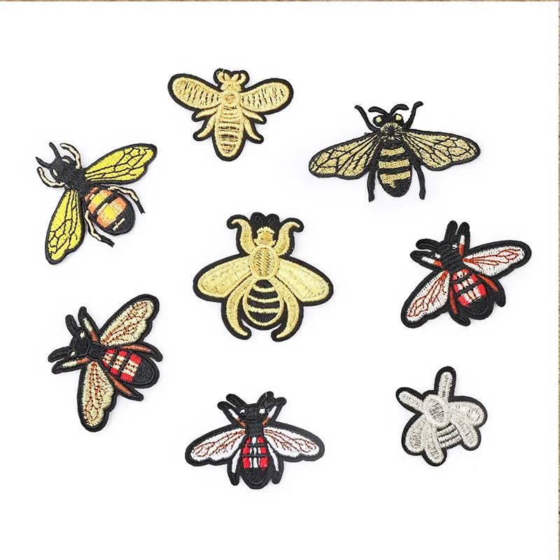 Metallic Gold Thread Embroidery Bee Patches Iron on Silver Wasp Cloth Appliques Small Fashion Thermo Adhesive Decals for Garment