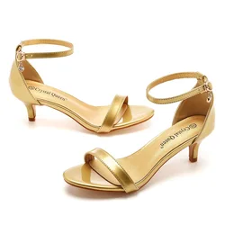 Golden shallow mouth with slim heel, fish mouth, short heel, middle heel, sandals, wrist buckle strap, women's shoes