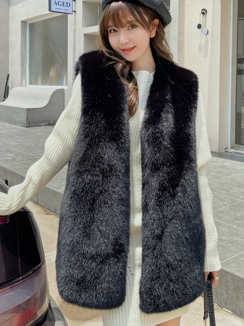 2024 Autumn/Winter new V-neck Thickened Women's Environmentally Friendly Fur Vest Fashion Coat Mid length faux fox fur vest