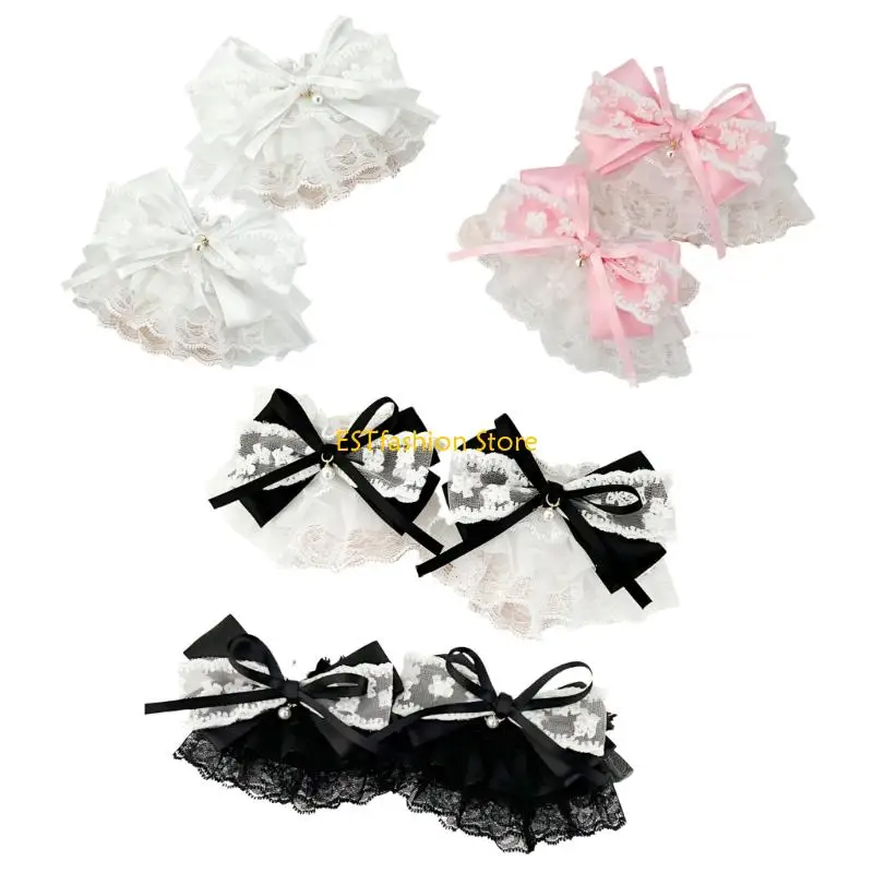 Y5GC Delicate Ribbon And Faux Pearls Embellished Wrist Cuffs 9cm Long