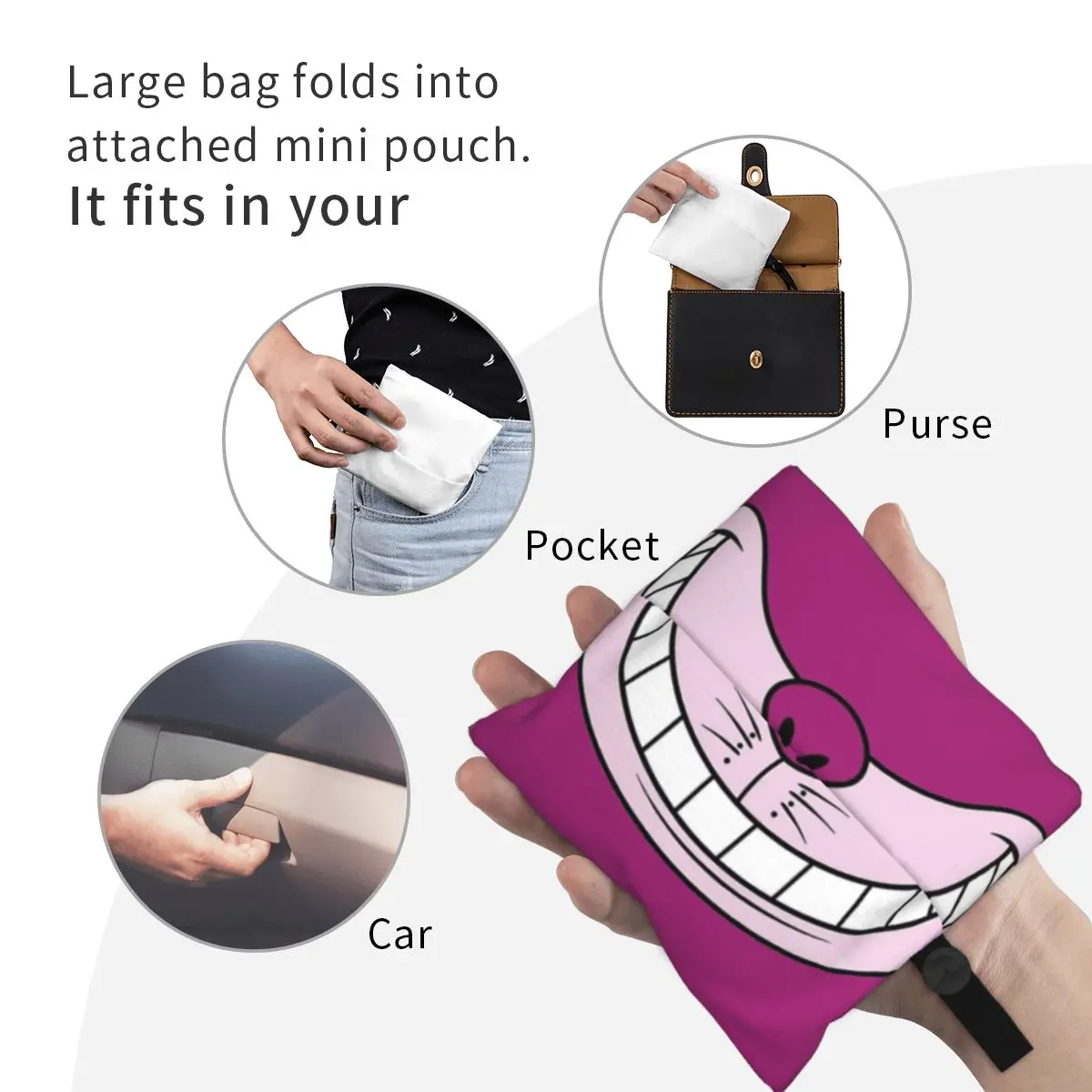 Cheshire The Cat Funny Cartoon Grocery Bag Large Recycle Foldable Shopping Tote Bag Attached Pouch
