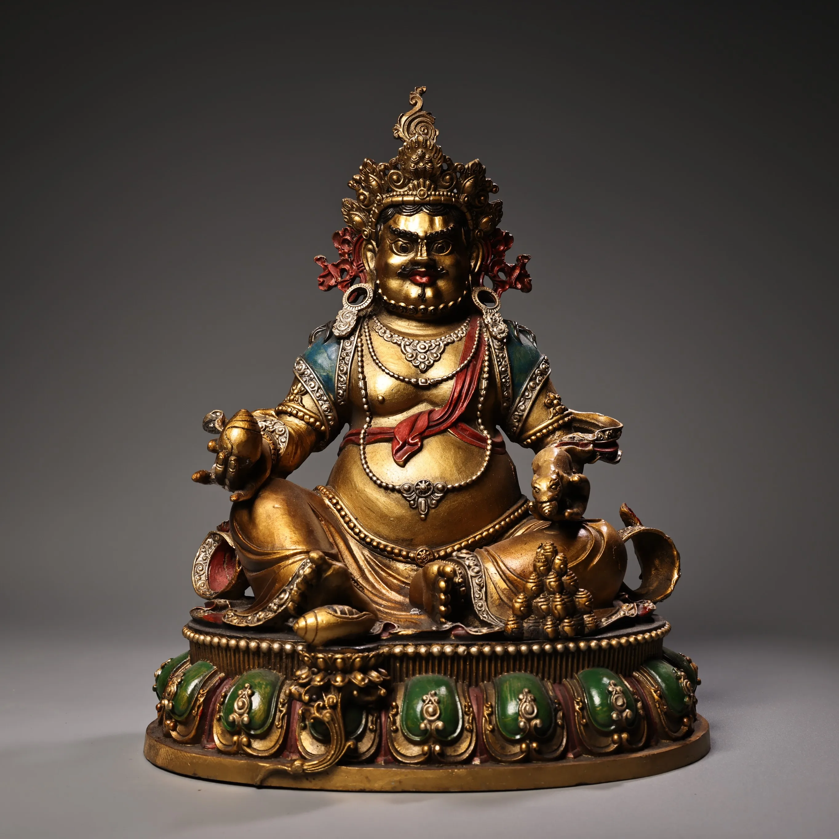 

Bronze Painted Gilded Yellow Jambhala Sitting Buddha yellow fortune God Worship Hall