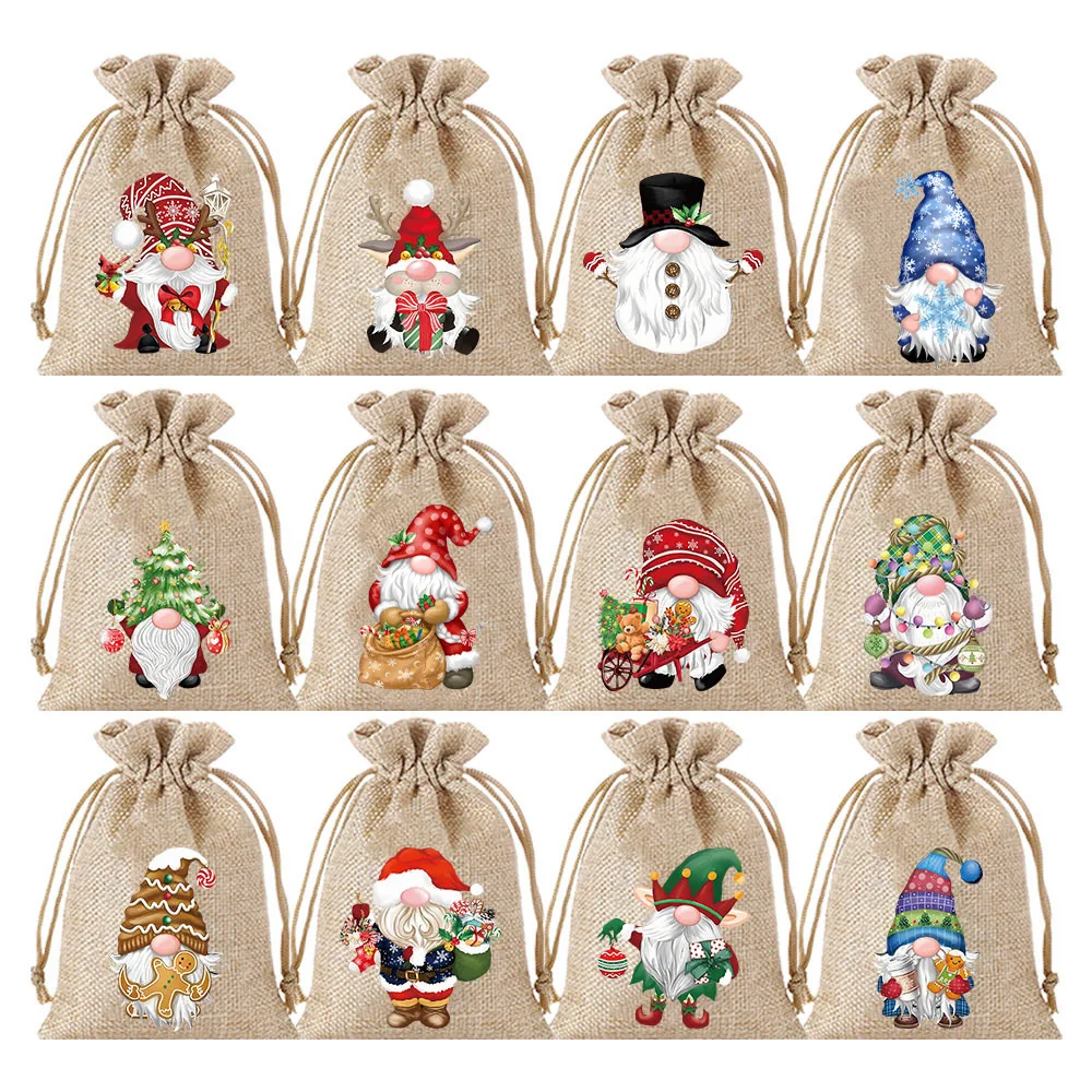 

36pcs/lot 10*15, 13*18, 15*20cm Santa Claus Snowman Burlap Linen Drawstring Bags Christmas Party Candy Gift Packaging Pouches
