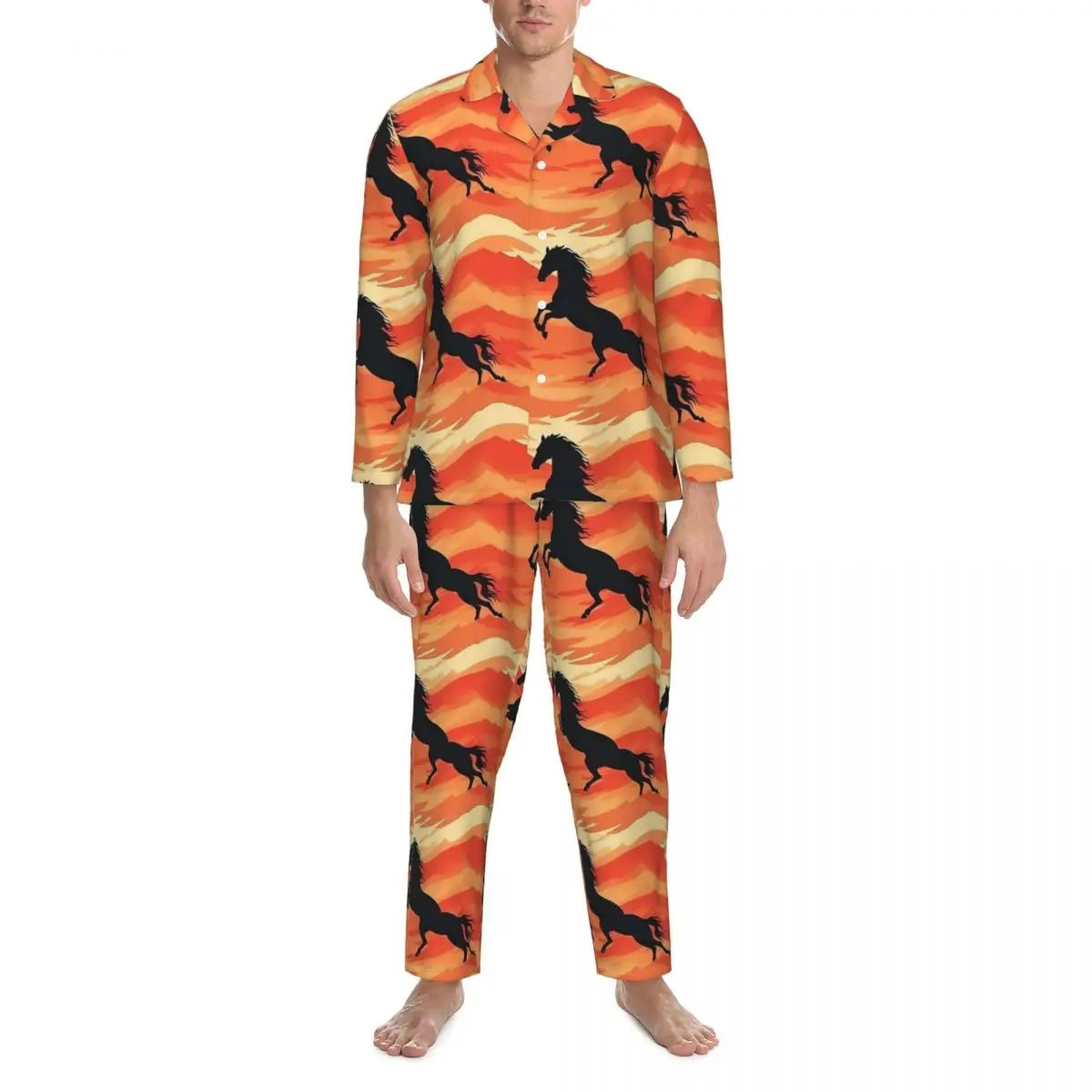 

Fire Horse Sleepwear Autumn Retro Horse Love Loose Oversize Pajama Sets Men Long Sleeve Cute Daily Graphic Home Suit