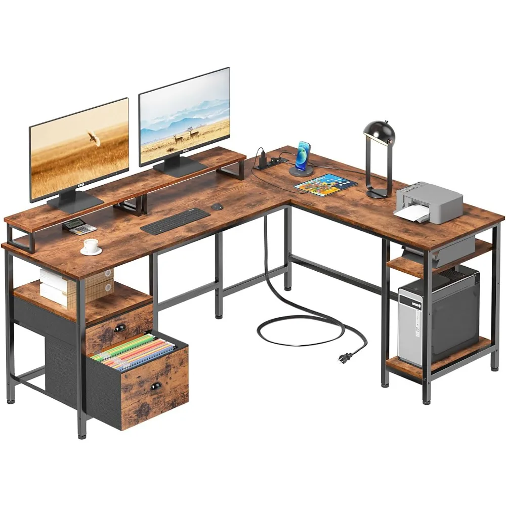 Mesa em forma de L com tomada, mesa do computador reversível com gaveta de arquivo, 2 Stands Monitor, Home Office Desk, 66