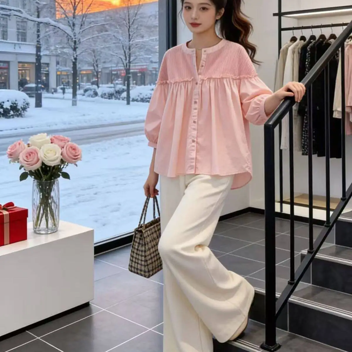 

Harajuku Minimalist Y2K Soft Pink Gathered Blouse Round Neck 3/4 Sleeve Ruffled Button Down Casual Loose Shirt For Women Summer