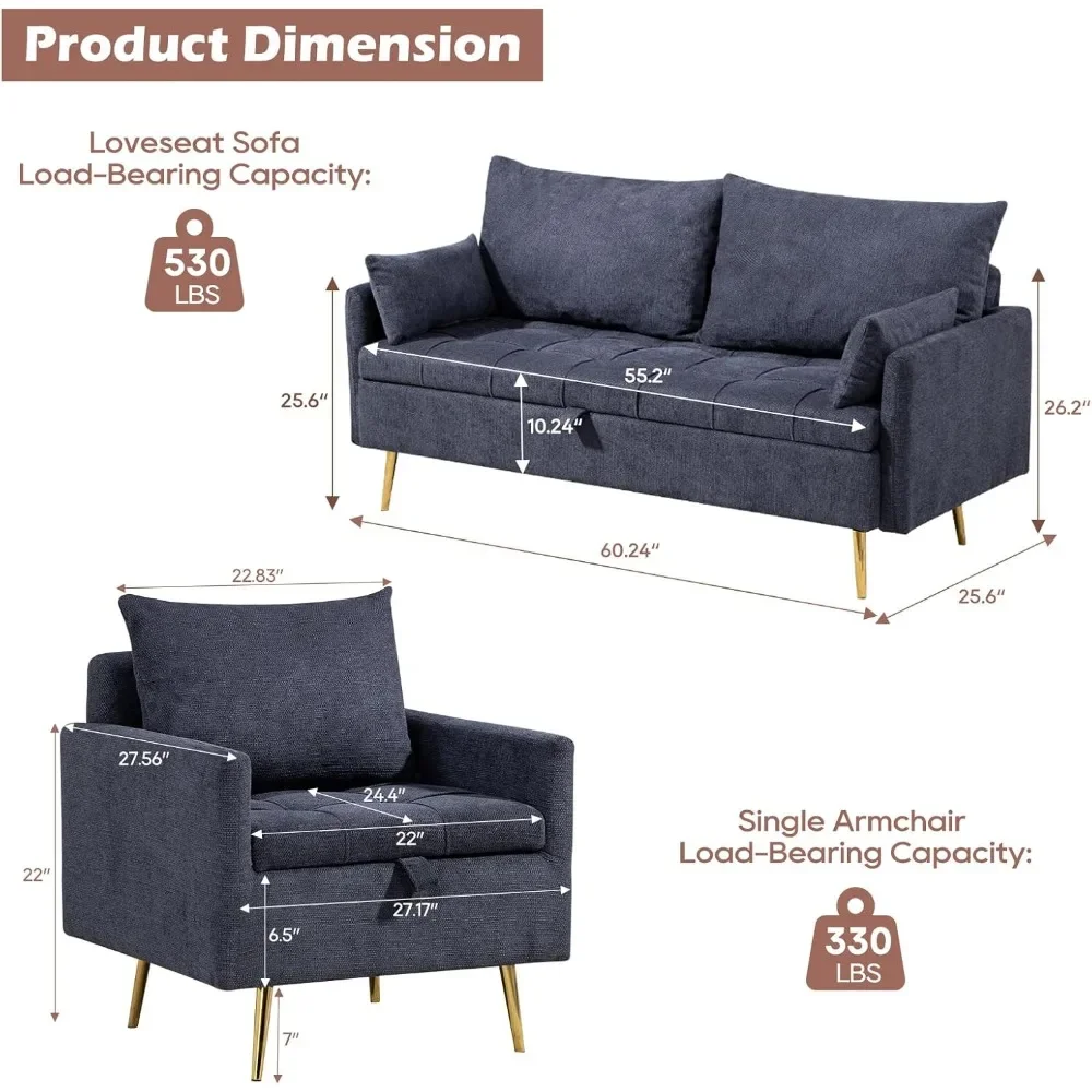 3 Piece Sofa Couch Set for Living Room, Loveseat Sofa Couch with Storage, Soft Backrest & Type C,1+2 Sofa Set